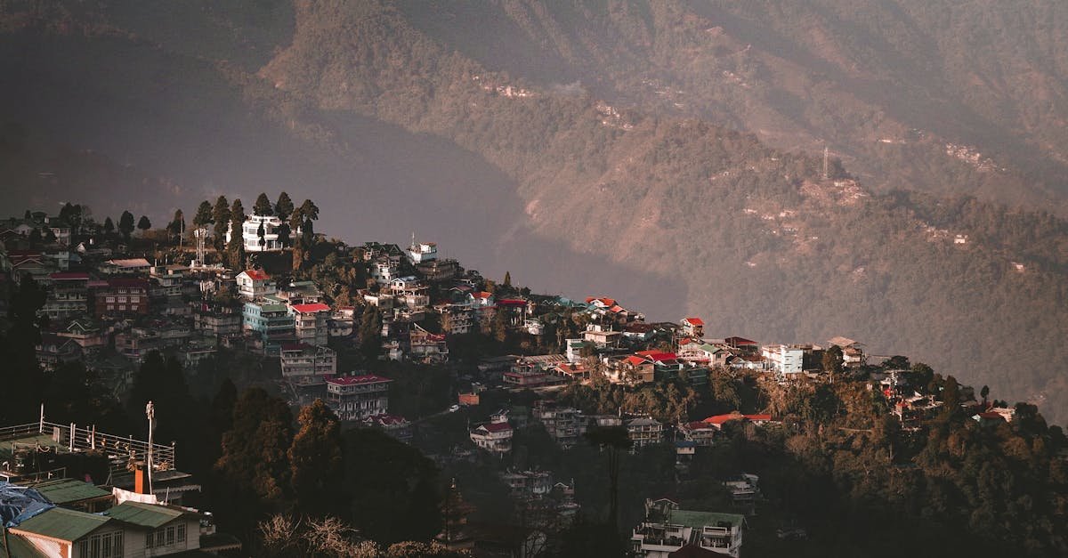 Aerial view of Darjeeling with vibrant houses nestled in the verdant hills of West Bengal, India.